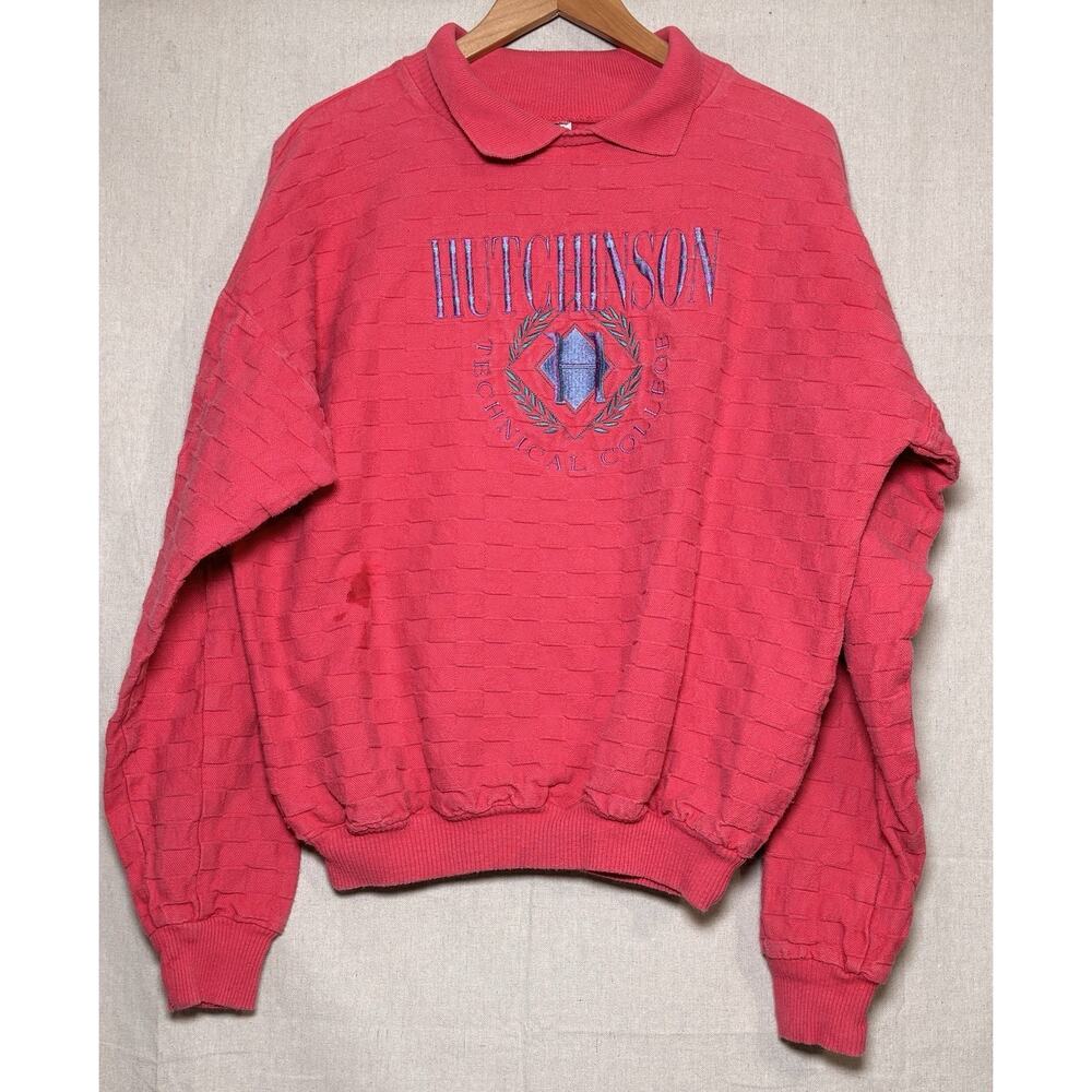 Vintage 90s Hutchinson Technical College Textured Collared Sweatshirt Sz L